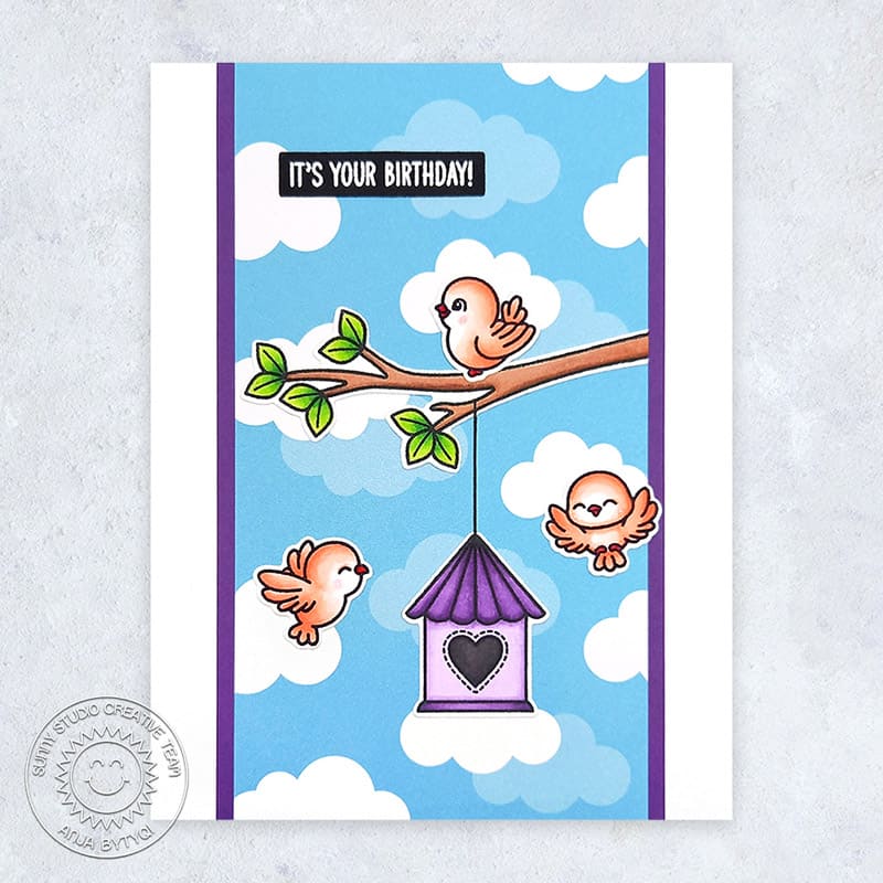 Sunny Studio Birds with Tree Branch, Birdhouse & Clouds Spring Birthday Card (using Little Birdie 4x6 Clear Stamps)
