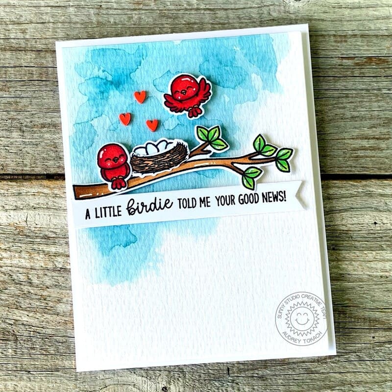 Sunny Studio A Little Birdie Told Me Your Good News Red Birds with Nest Card (using Little Birdie 4x6 Clear Stamps)