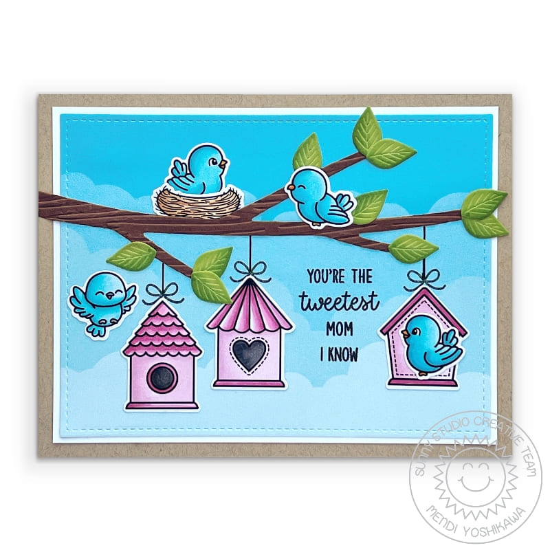 Sunny Studio You're the Tweetest Punny Birds on Tree Branch with Birdhouse Card (using Little Birdie 4x6 Clear Stamps)