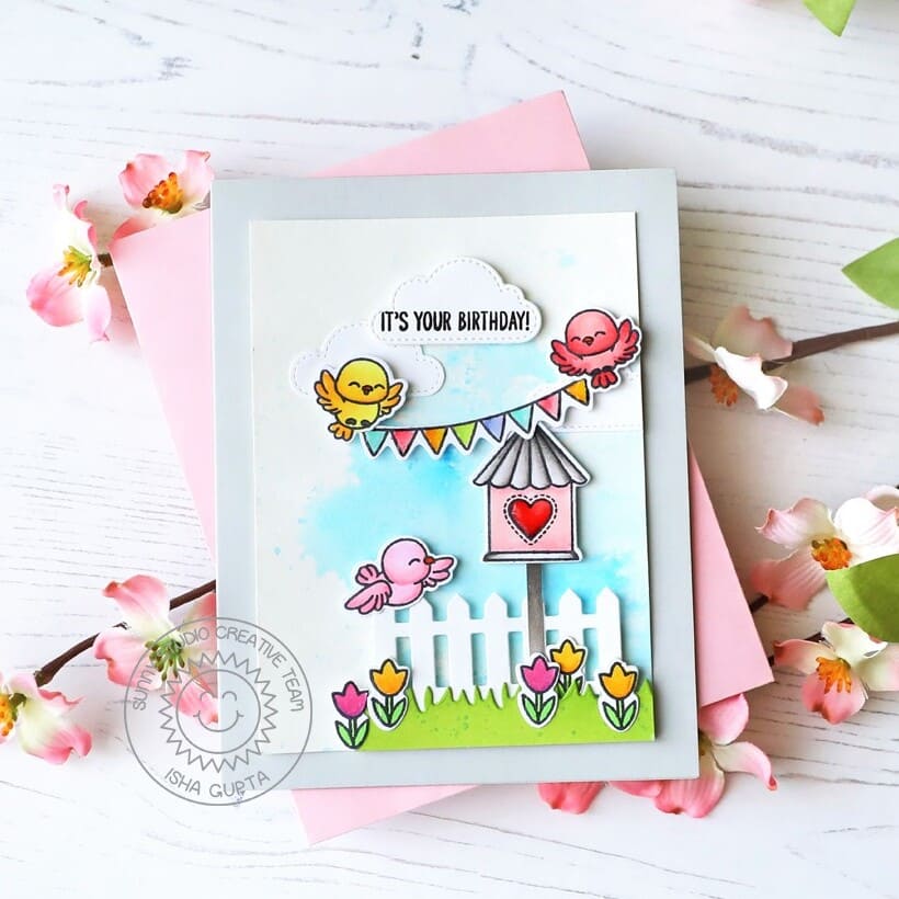 Sunny Studio Birds with Birdhouse Holding Banner Birthday Card (using Little Birdie 4x6 Clear Stamps)