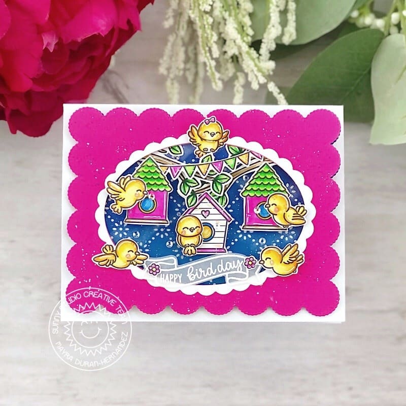 Sunny Studio Hot Pink & Navy Blue Birds with Birdhouses Scalloped Spring Birthday Card (using Little Birdie 4x6 Clear Stamps)