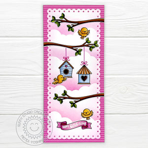 Sunny Studio Happy Bird-day Punny Birdhouse with Branches Spring Slimline Card (using Little Birdie 4x6 Clear Stamps)