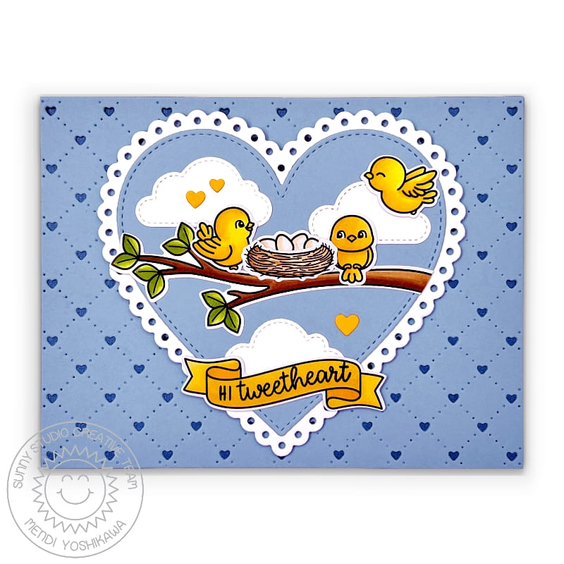 Sunny Studio Stamps Birds with Nest on a Tree Branch Scalloped Quilted Card (using Stitched Heart Metal Cutting Dies)