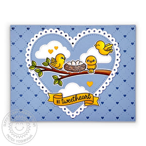 Sunny Studio Stamps Birds with Nest on a Tree Branch Punny Tweetheart Quilted Card using Scalloped Hearts Metal Cutting Dies