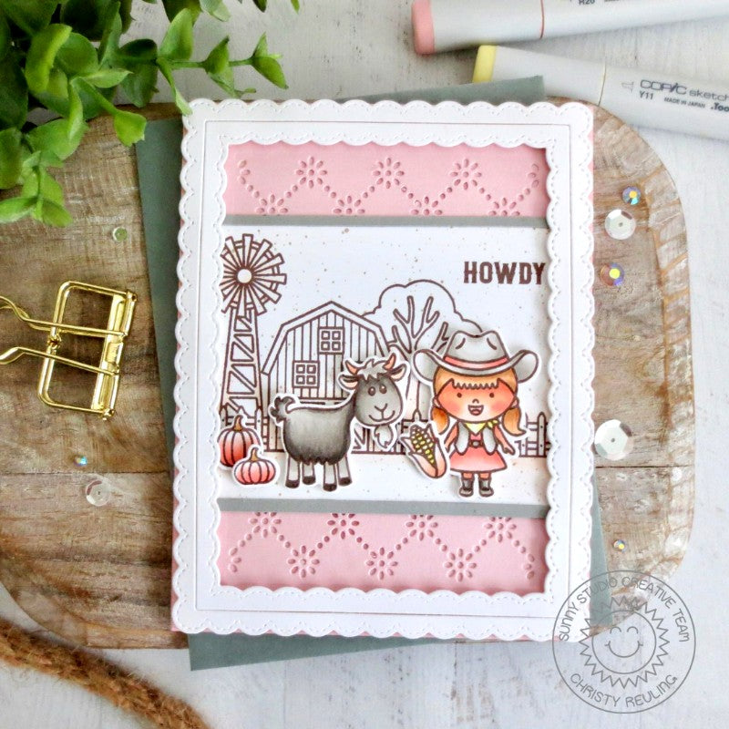 Sunny Studio Stamps Pink Girly Cowgirl Farm Themed Handmade Card (using Frilly Frames Eyelet Lace Metal Cutting Dies)