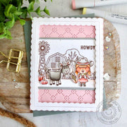 Sunny Studio Pink Eyelet Howdy Cowgirl with Goat & Barn Handmade Autumn Fall Themed Card (using Farm Fresh 4x6 Clear Stamps)