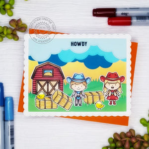 Sunny Studio Howdy Cowboy & Cowgirl Farm Themed Fall Card with barn, chicks & hay bales using Little Buckaroo Clear Stamps