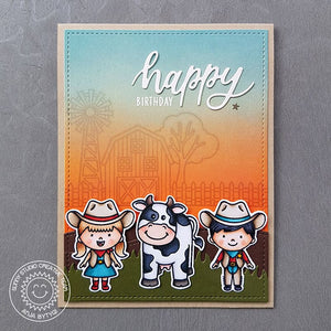Sunny Studio Cowgirl & Cowboy with Barn Farm Themed Handmade Fall Birthday Card (using Little Buckaroo 2x3 Clear Stamps)