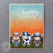 Sunny Studio Happy Birthday Cowgirl & Cowboy with Barn & Windmill Autumn Fall Themed Card using Farm Fresh 4x6 Clear Stamps