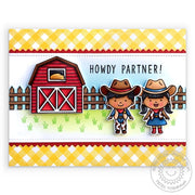 Sunny Studio Yellow Gingham Cowboy, Cowgirl & Red Barn Farm Card using Slimline Basic Border Stitched Ric-Rac Cutting Dies