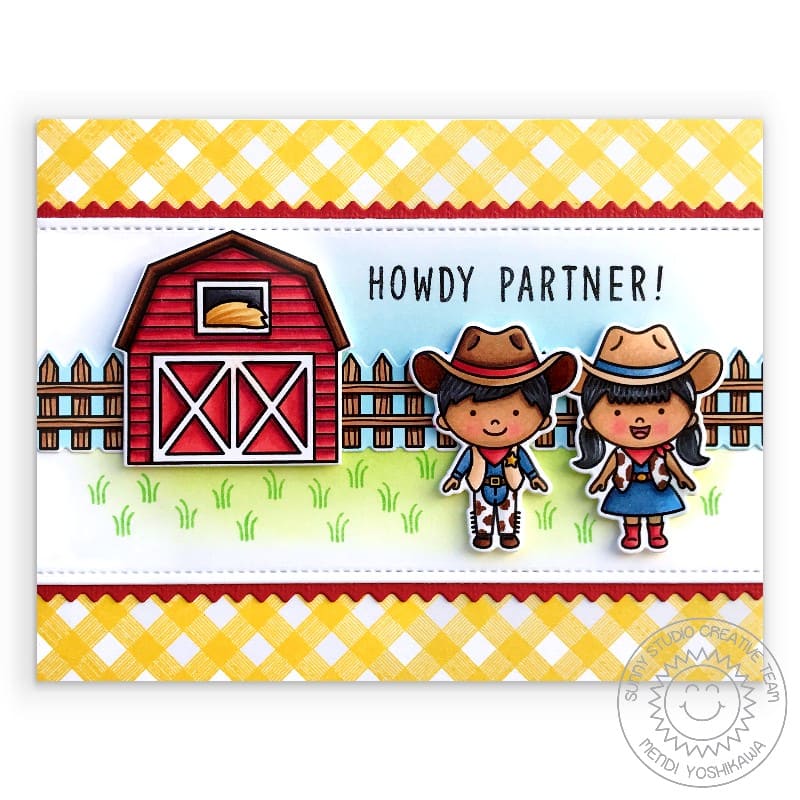 Sunny Studio Cowboy & Cowgirl Howdy Partner Barn on Farm Yellow Gingham Handmade Card using Little Buckaroo Mini Clear Stamp