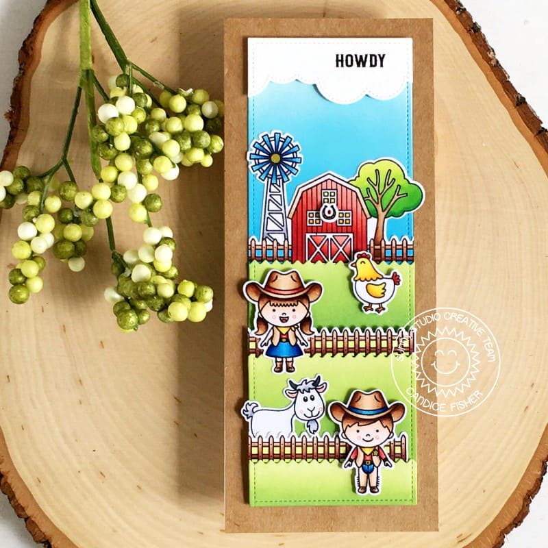 Sunny Studio Cowboy & Cowgirl on the Farm with Goat, Chicken & Barn Slimline Handmade Card using Little Buckaroo Clear Stamp