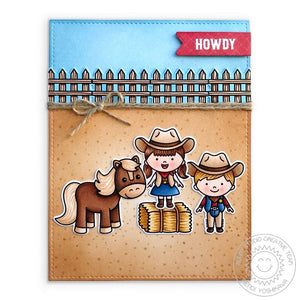 Sunny Studio Howdy Cowboy & Cowgirl at Rodeo with Horse, Hay Bale & Wood Fence Card using Little Buckaroo Mini Clear Stamps