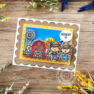 Sunny Studio Yellow Gingham Howdy Cowboy & Cowgirl with Barn Handmade Card (using Little Buckaroo 2x3 Clear Stamps)