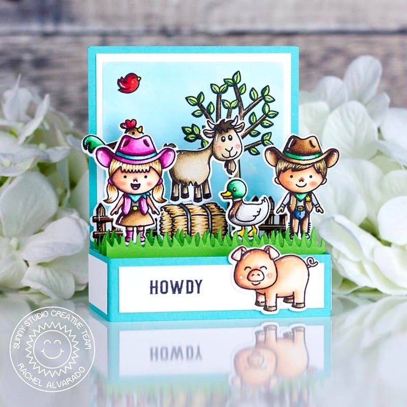 Sunny Studio Cowboy & Cowgirl on Farm with Goat, Pig & Duck Handmade Pop-up Box Card using Little Buckaroo 2x3 Clear Stamps