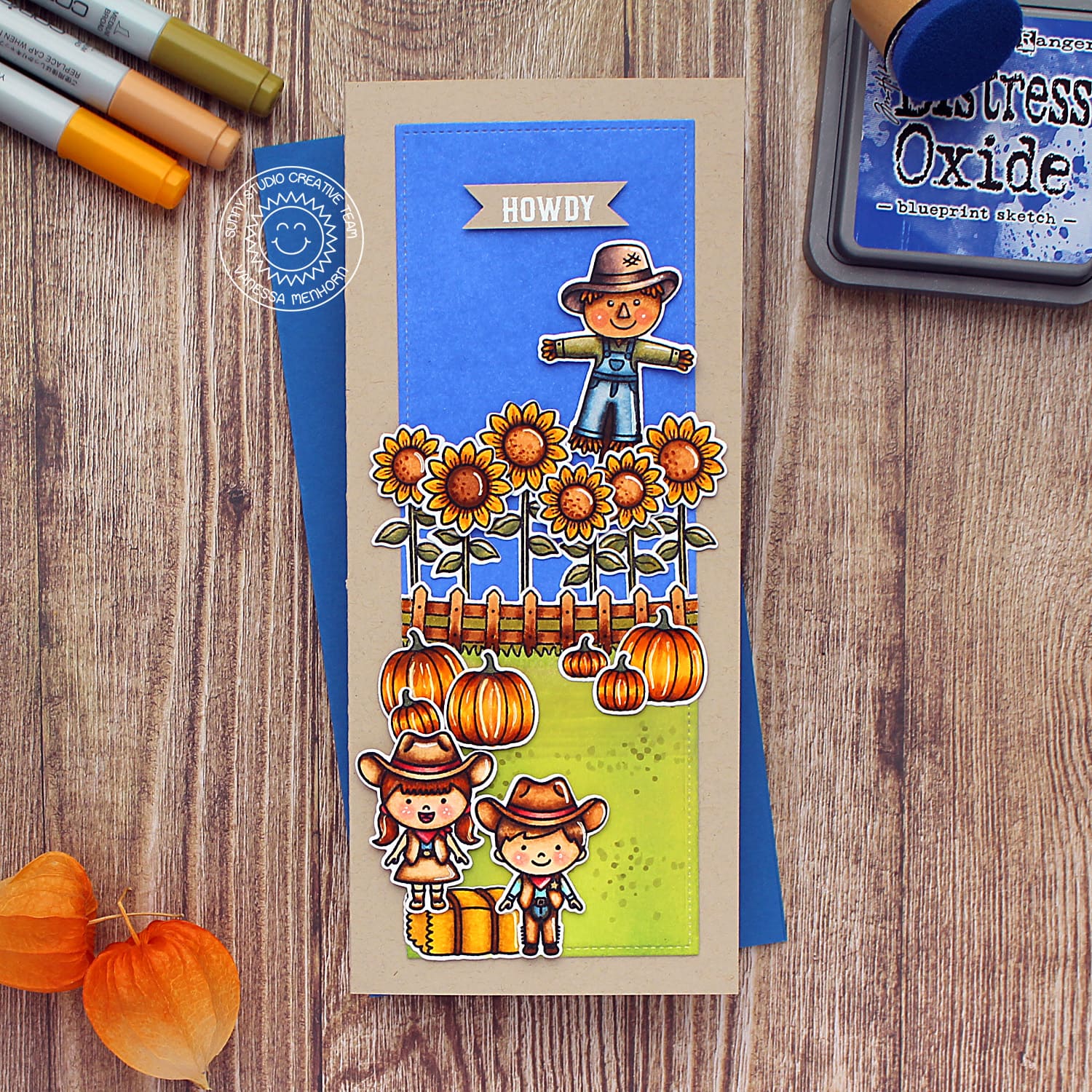 Sunny Studio Scarecrow with Pumpkins & Sunflowers Slimline Handmade Autumn Fall Themed Card using Farm Fresh 4x6 Clear Stamps