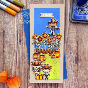 Sunny Studio Cowgirl & Cowboy with Pumpkins, Sunflowers & Scarecrow Fall Slimline Card using Little Buckaroo Clear Stamps
