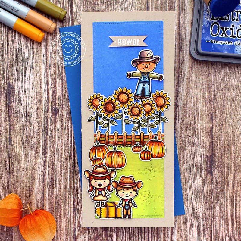 Sunny Studio Stamps Scarecrow, Sunflowers & Pumpkins Fall Autumn Card using Slimline Scalloped Frame Metal Cutting Dies