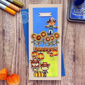 Sunny Studio Scarecrow with Sunflowers & Pumpkins Handmade Slimline Autumn Fall Card using Happy Harvest Clear Stamps