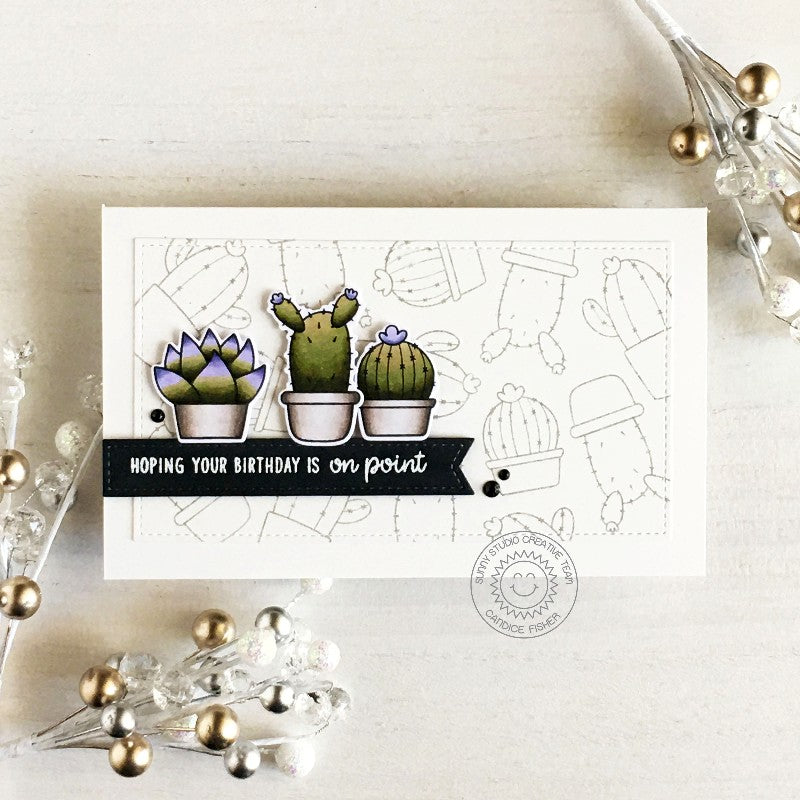 Sunny Studio Hoping Your Birthday Is On Point Cactus Black& White with Lavender Card (using Looking Sharp 3x4 Clear Stamps)