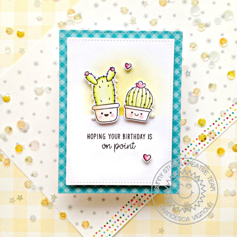 Sunny Studio Stamps Aqua Gingham Clean & Simple CAS Punny Cactus Birthday Card (using Stitched Rectangle Dies)