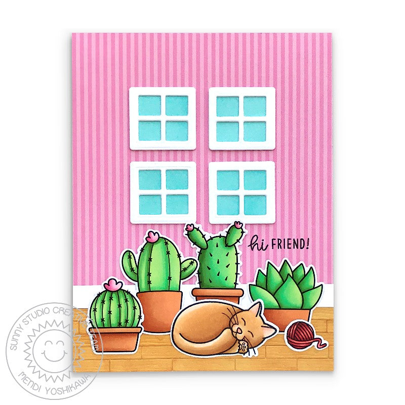 Sunny Studio Hi Friend Kitty Cat Sleeping in Front of Window with Cactus & Succulent Plant Card (using Looking Sharp 3x4 Clear Stamps)