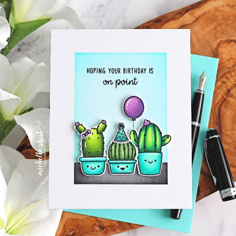 Sunny Studio Clean & Simple Cactus with Balloon Teal & Purple Birthday Card (using Looking Sharp 3x4 Clear Stamps)