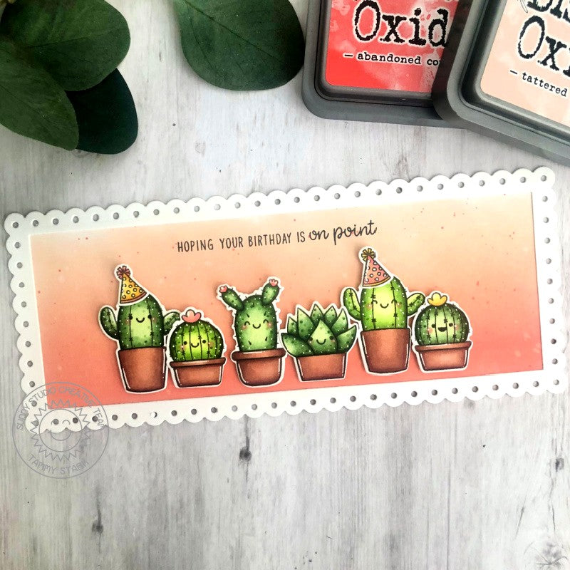 Sunny Studio Hoping Your Birthday is On Point Cactus with Terracotta Pots Slimline Card (using Looking Sharp 3x4 Clear Stamps)