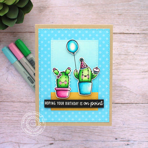Sunny Studio Blue Polka-dot Cactus with Balloon Hoping Your Birthday is On Point Punny Card (using Looking Sharp 3x4 Clear Stamps)