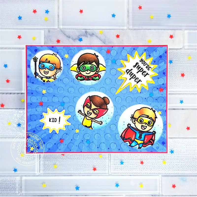 Sunny Studio Stamps Superhero Polka-dot Embossed Handmade Card by Ana (using Lots of Dots 6x6 Embossing Folder)