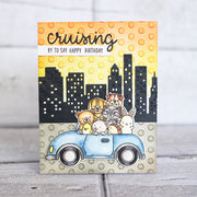 Sunny Studio stamps Cruising By To Say Happy Birthday Polka-dot Embossed City Card (using Cityscape Border Die)