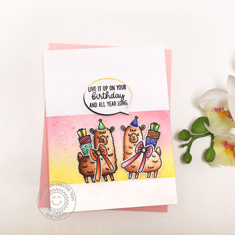 Sunny Studio Live it Up on Your Birthday and All Year Long Alpaca Party Card (using Lovable Llama Clear Stamps)