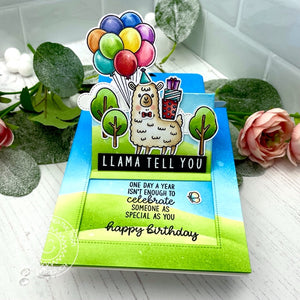 Sunny Studio "One Day A Year Isn't Enough To Celebrate Someone as Special as You" Llama Pop-up Sliding Window Card (using Inside Greetings Birthday Clear Stamps)