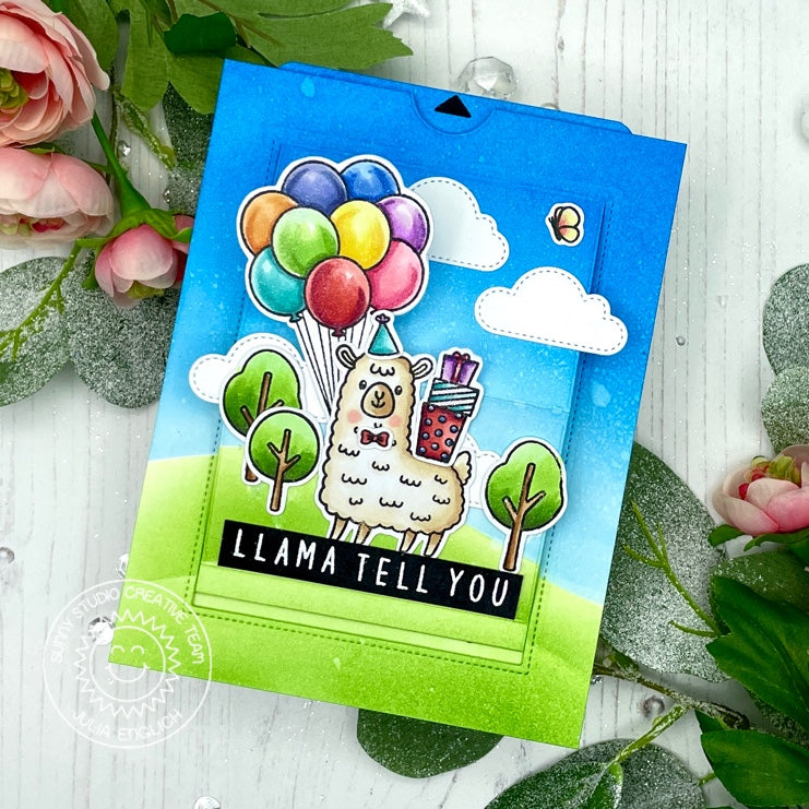 Sunny Studio Llama Tell You Alpaca Punny Pop-up Sliding Window Birthday Card (using Kinsley Alphabet 3x4 Clear Stamps)