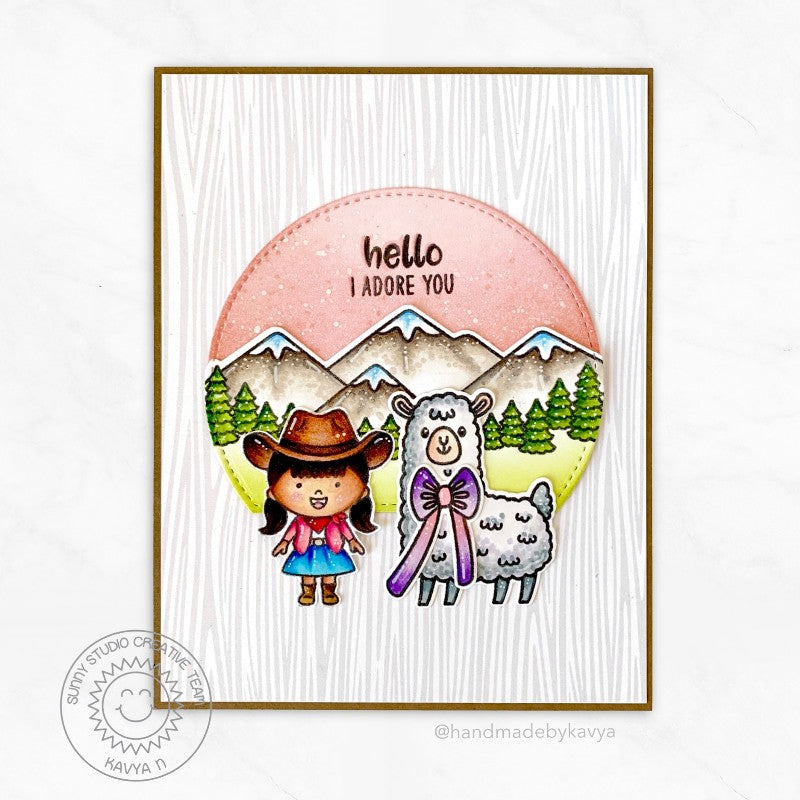 Sunny Studio Cowgirl with Llama and Mountain Background Handmade Card (using Country Scenes 4x6 Outdoor Borders Clear Stamps)