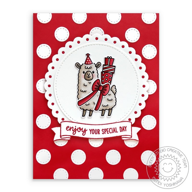 Sunny Studio Red & White Polka-dot Llama Handmade Birthday Card (using Scalloped Circle Mat 2 Metal Cutting Dies)