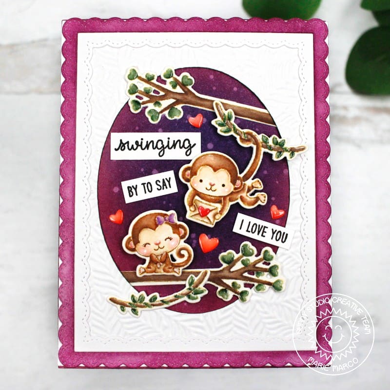 Sunny Studio Swinging By To Say I Love You Hanging Monkey Scalloped Valentine's Day Card (using Love Monkey 4x6 Clear Stamps)