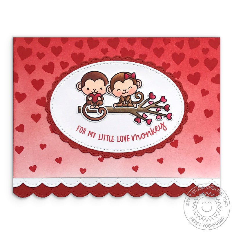 Sunny Studio Stamps Red Heart with White Scalloped Love Monkey Valentine's Day Card (using Fancy Frames Oval Metal Cutting Dies)