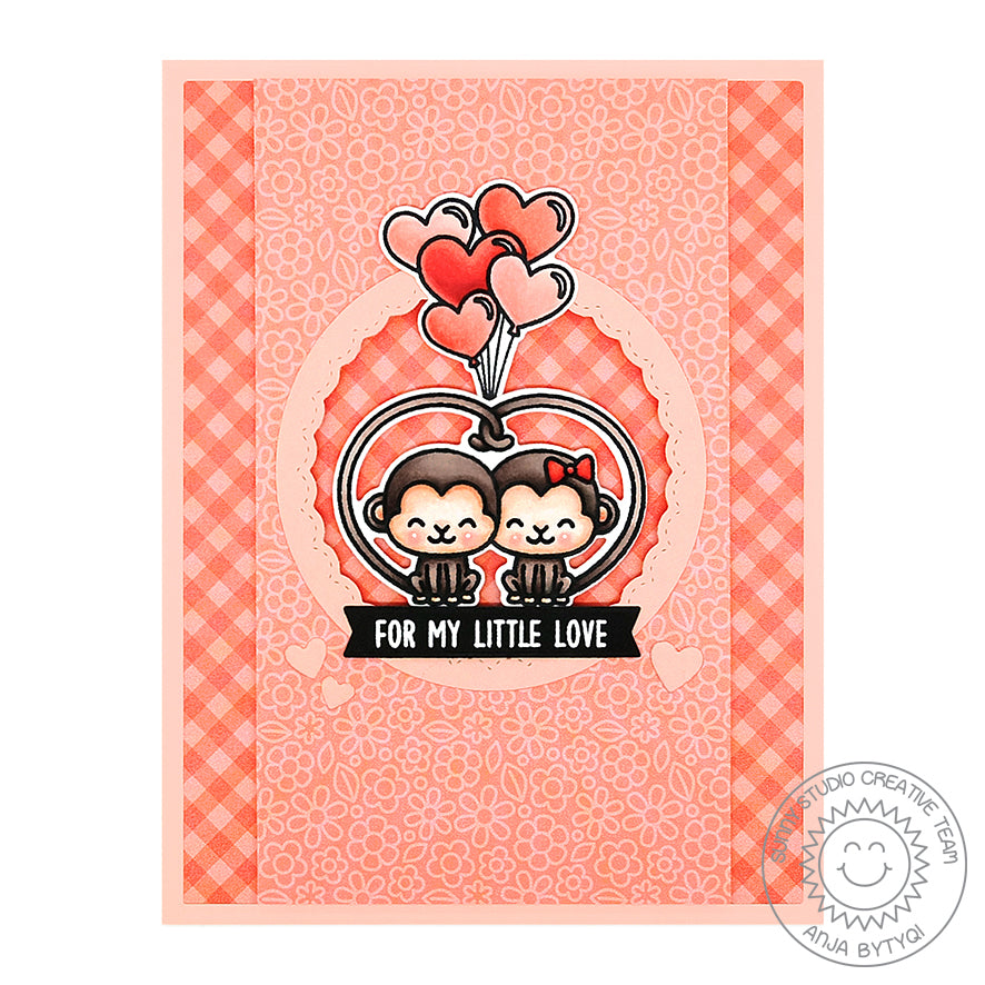 Sunny Studio Stamps Love Monkey Coral Gingham Valentine's Day Card