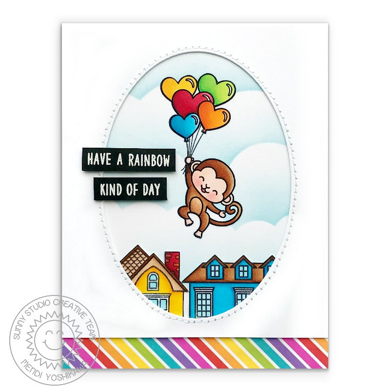 Sunny Studio Monkey Floating with Heart Balloons Card (using Over The Rainbow Sentiment Stamps)