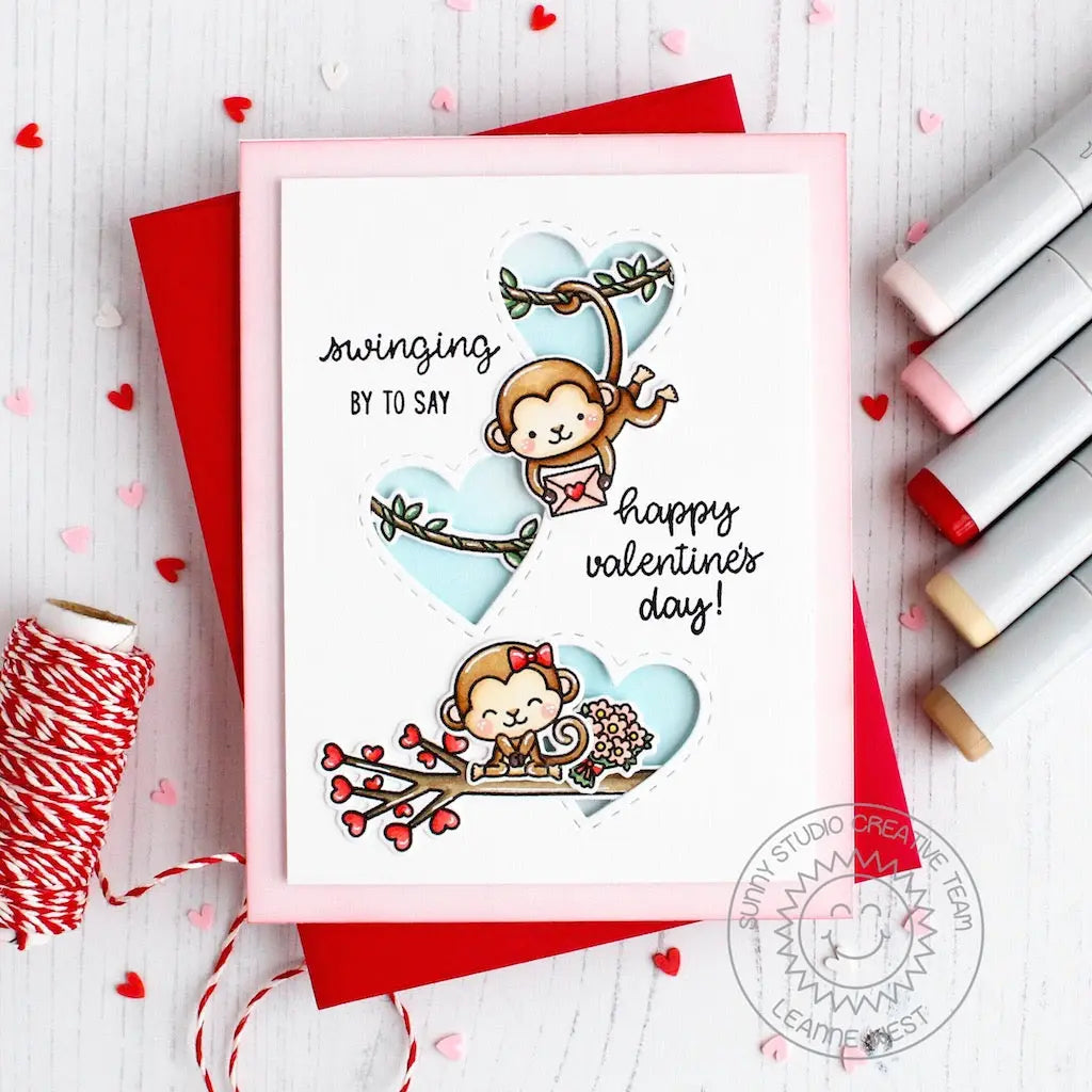 Sunny Studio Stamps Triple Heart Monkey Valentine's Day Card (using Stitched Heart Dies)