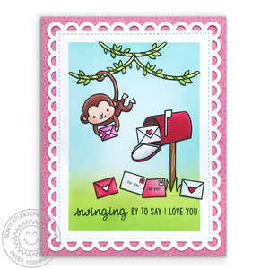 Sunny Studio Stamps Monkey Valentine's Day Card with Lacey Scalloped Mat (using Frilly Frames Lattice Metal Cutting Dies)