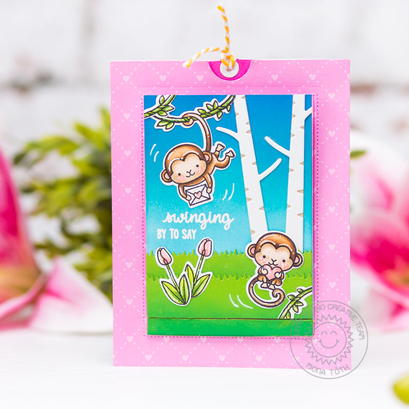 Sunny Studio Stamps Pink Monkey Sliding Pop-up Card (using Flirty Flowers 6x6 Paper Pad)