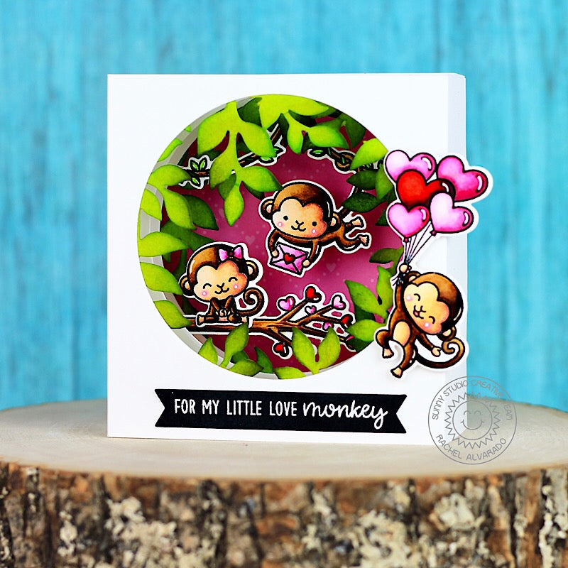 Sunny Studio Stamps Monkey Valentine's Day card by Rachel (using Botanical Backdrop dies)
