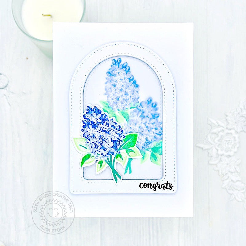 Sunny Studio Spring Blue & White Layered Floral Congrats Congratulations Card (using Lovely Lilacs 4x6 Clear Layering Stamps)