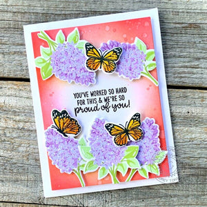 Sunny Studio You've Worked So Hard For This & We're So Proud of You Lilacs & Butterflies Card (using Inside Greetings 4x6 Clear Sentiment Stamps)