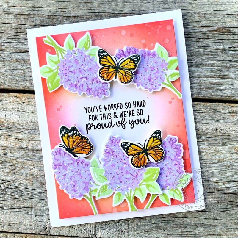 Sunny Studio We're So Proud of You Lilacs Floral Flowers & Monarch Butterflies Card (using Lovely Lilacs Clear Layering Stamps)