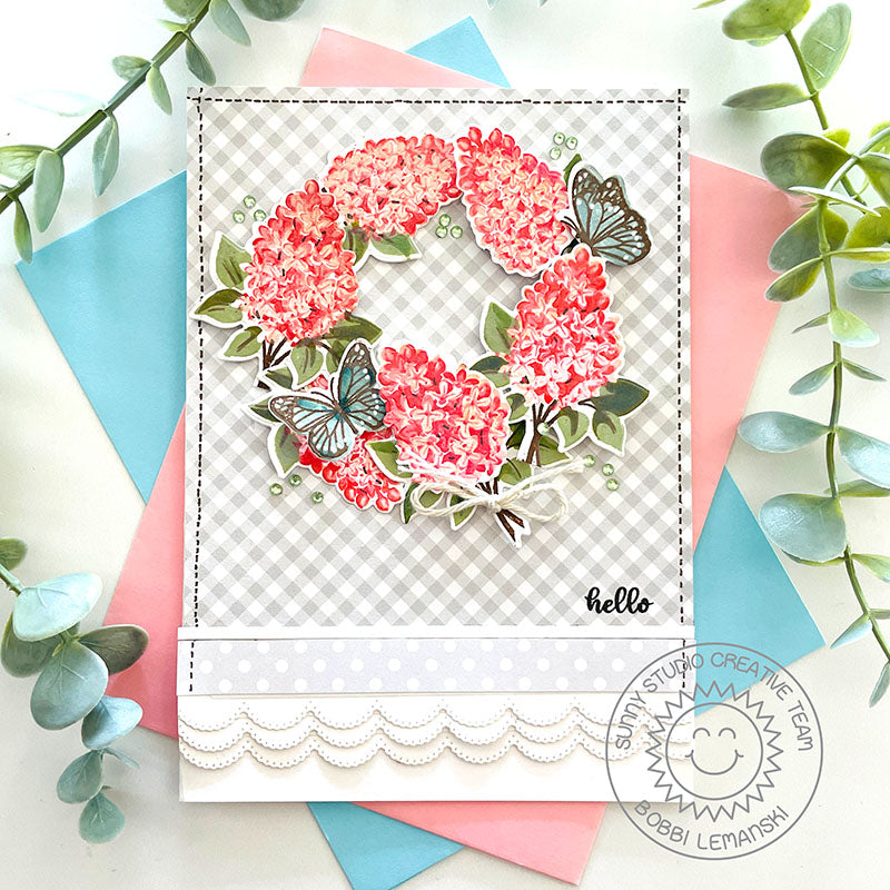 Sunny Studio Stamps Spring Floral Wreath with Butterflies Scalloped Gingham Hello Card (using Slimline Pennant Cutting Dies)