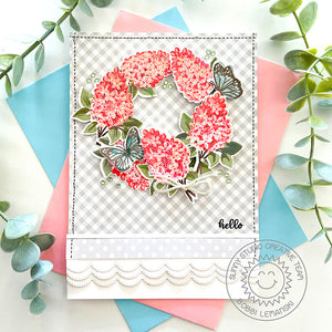 Sunny Studio Spring Floral Wreath with Butterflies Scalloped Gingham Hello Card (using Lovely Lilacs 4x6 Clear Layering Stamps)
