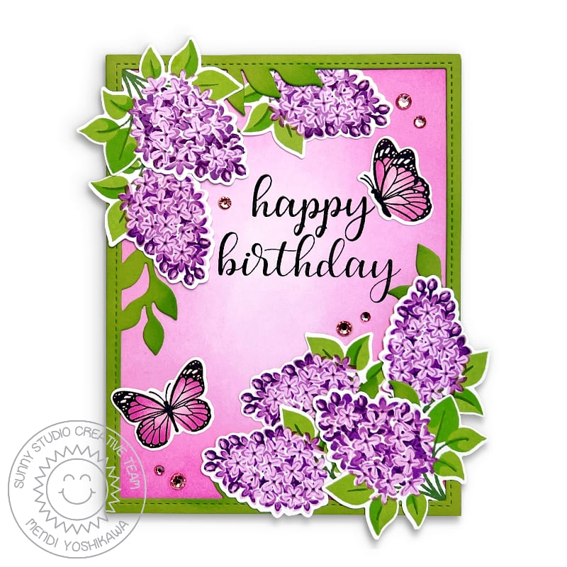Sunny Studio Pink Butterflies & Flowers Birthday Card (using Lovely Lilacs 4x6 Layering Clear Stamps)